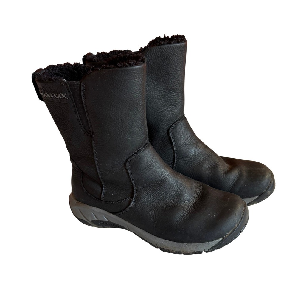 Merrell Encore 4 Tall Zip Polar Waterproof Boots Black Leather Faux Fur Size 7.5
